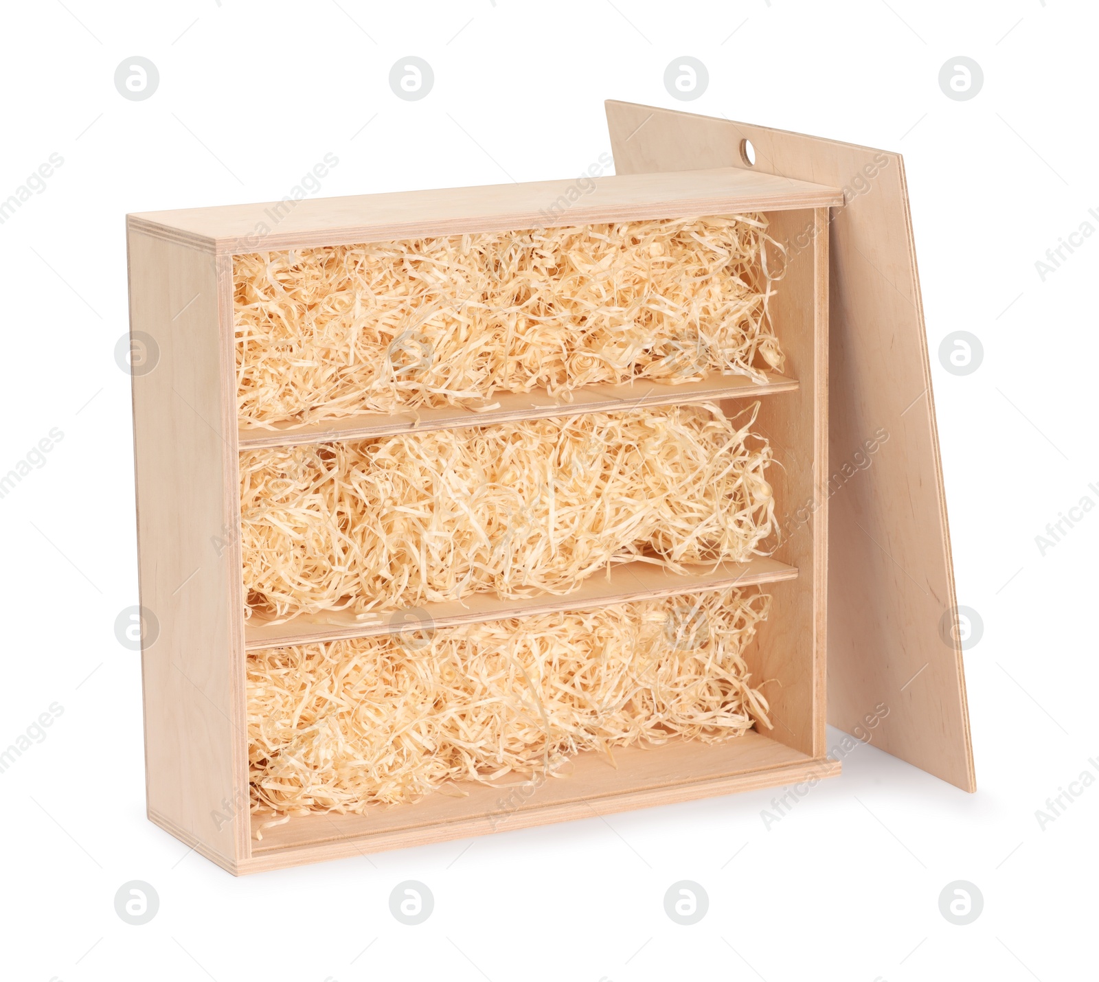 Photo of Open wooden wine box with straw isolated on white