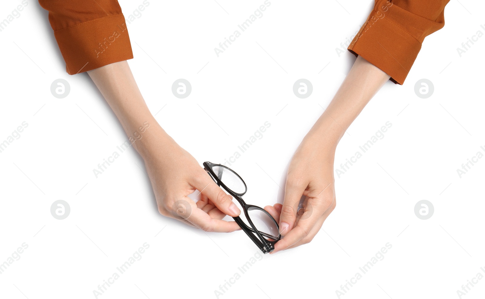 Photo of Woman with glasses on white background, top view. Closeup of hands