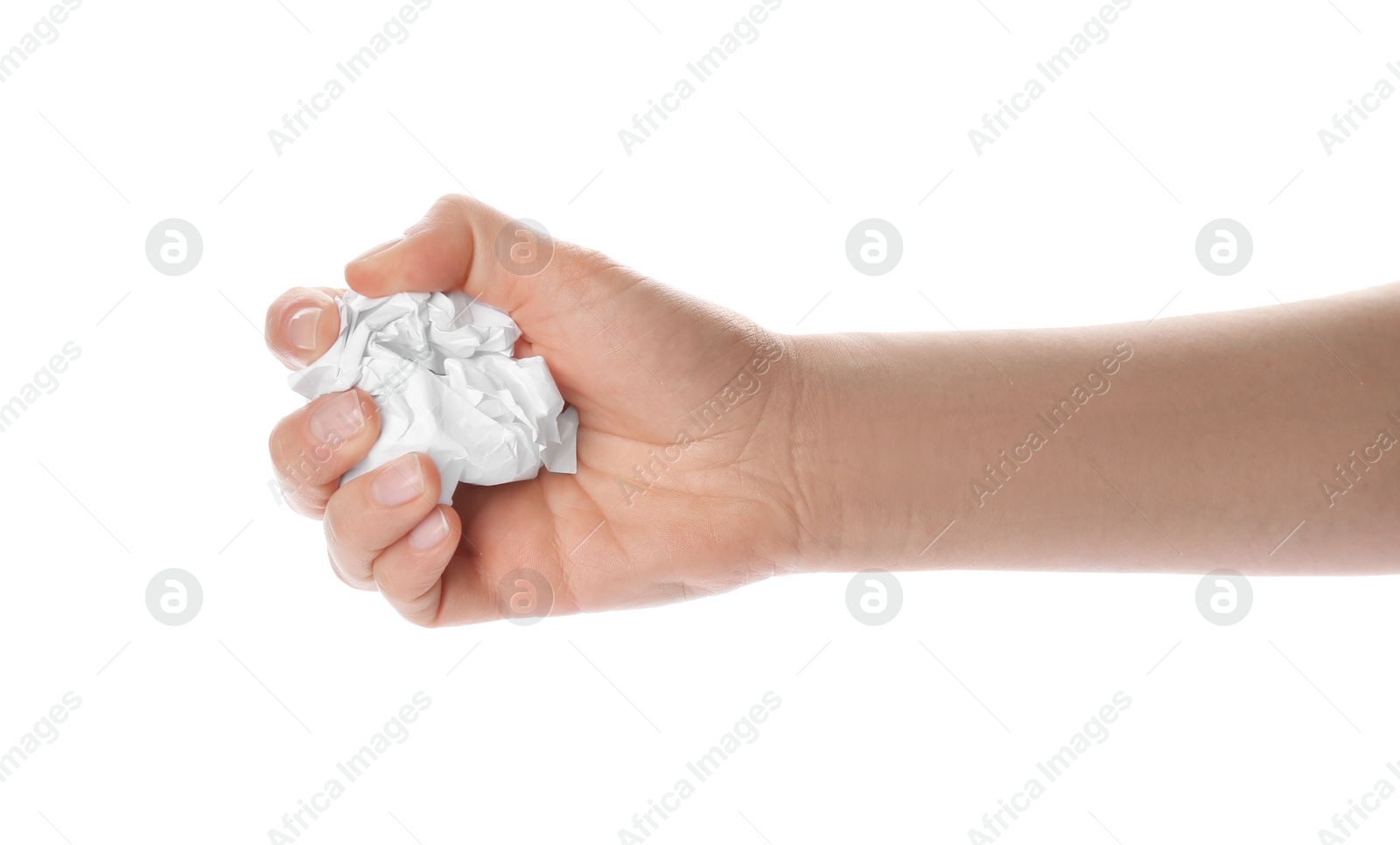 Photo of Woman holding crumpled paper ball on white background, closeup