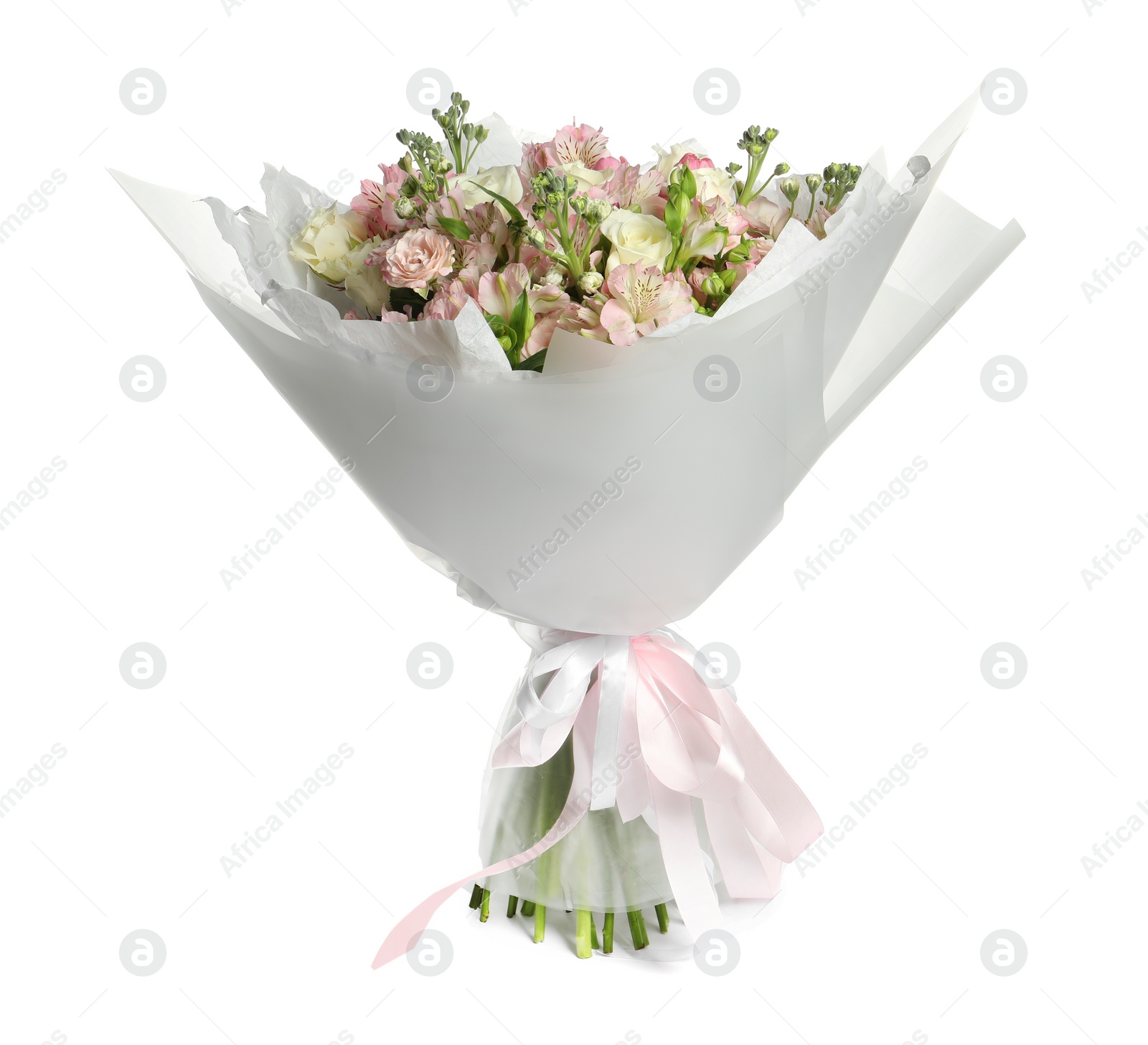 Photo of Beautiful bouquet of fresh flowers isolated on white