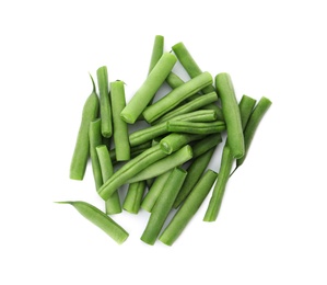 Photo of Fresh green beans on white background, top view