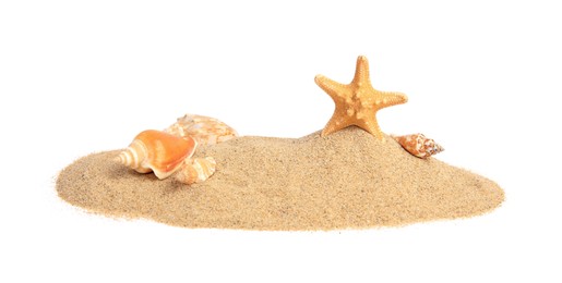 Photo of Beautiful sea star, shells and sand isolated on white