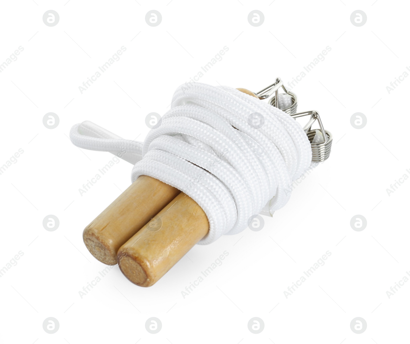 Photo of Skipping rope on white background. Sports equipment