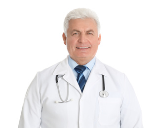 Portrait of senior doctor on white background