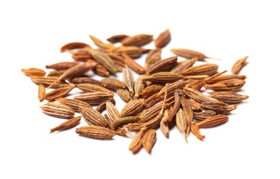 Photo of Heap of aromatic caraway (Persian cumin) seeds isolated on white