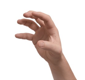 Photo of Man holding something in hand on white background, closeup