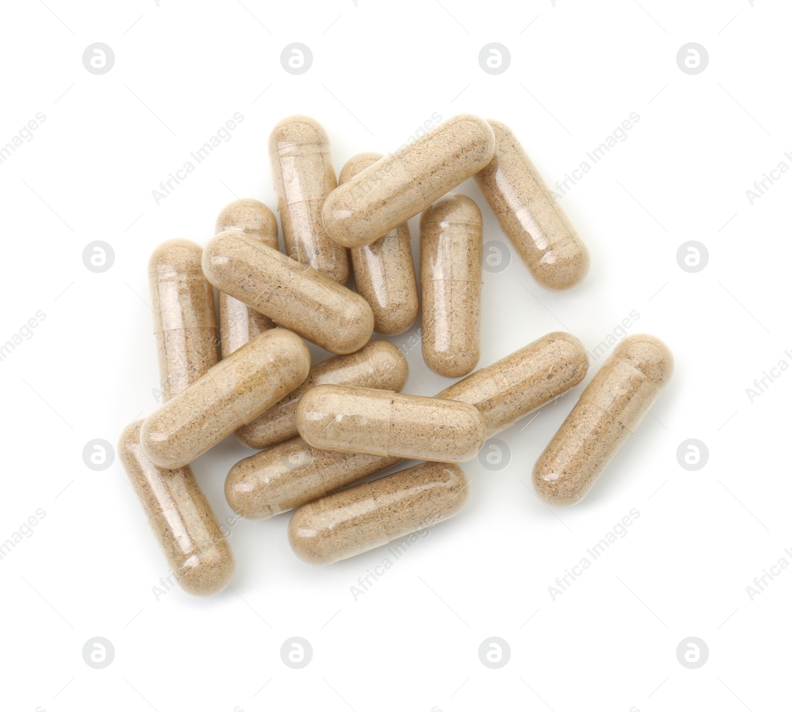 Photo of Vitamin capsules isolated on white, top view. Health supplement