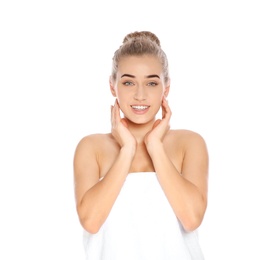 Photo of Portrait of young pretty woman with towel on white background