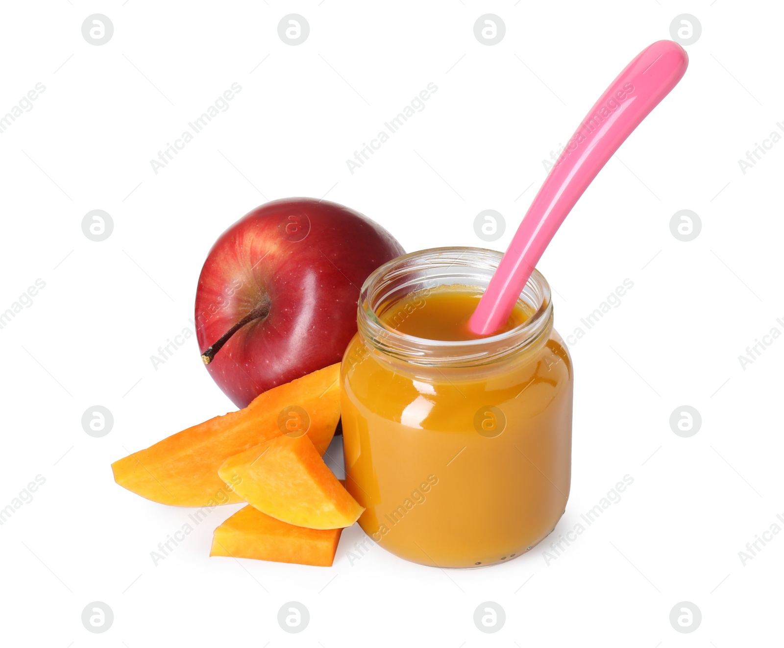 Photo of Tasty baby food in jar, fresh pumpkin and apple isolated on white