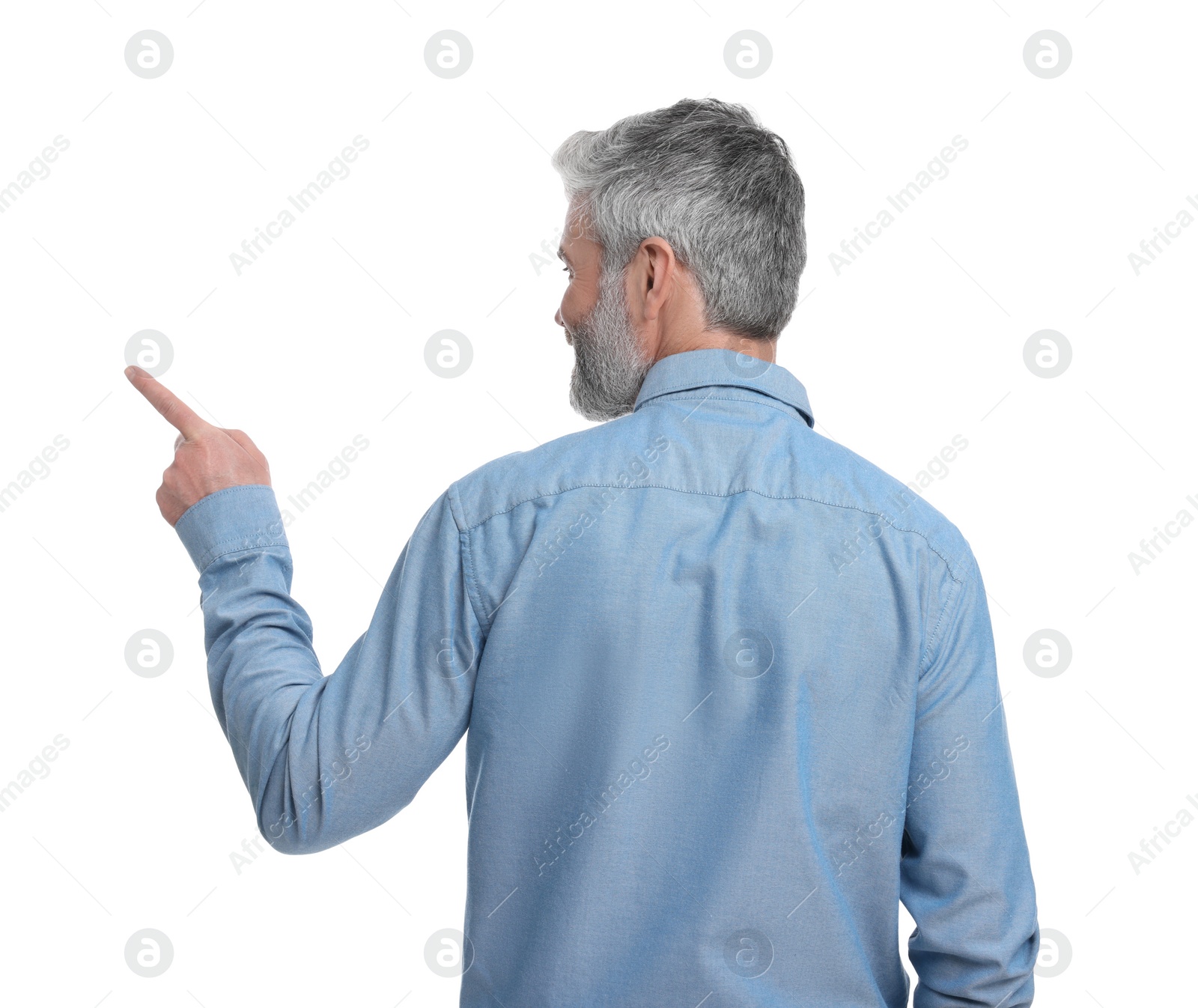 Photo of Mature businessman in stylish clothes posing on white background, back view