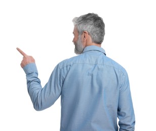 Mature businessman in stylish clothes posing on white background, back view