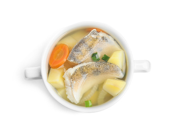 Delicious fish soup in bowl isolated on white, top view