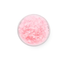 Photo of Glass bowl with pink sea salt isolated on white, top view