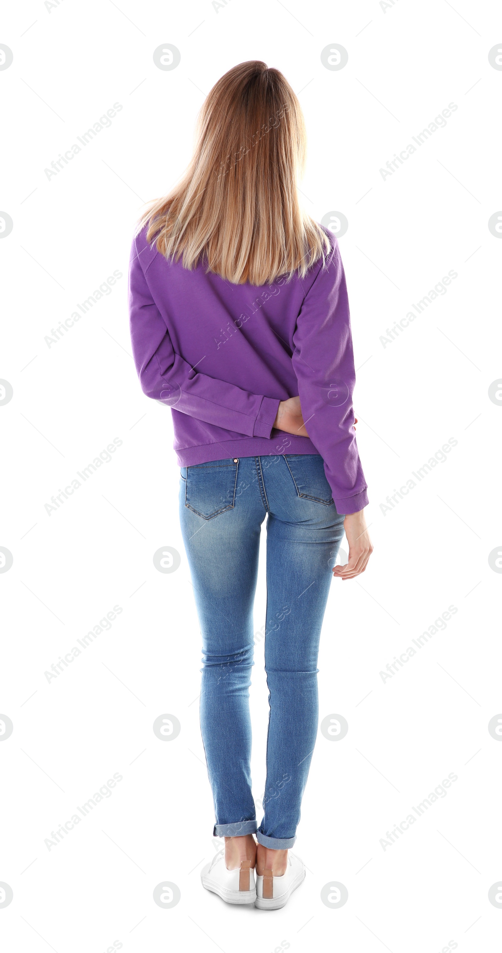 Photo of Blonde woman with long hair posing on white background