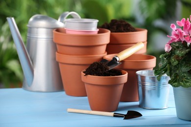 Pots, gardening tools, soil and beautiful flower on light blue wooden table outdoors. Space for text