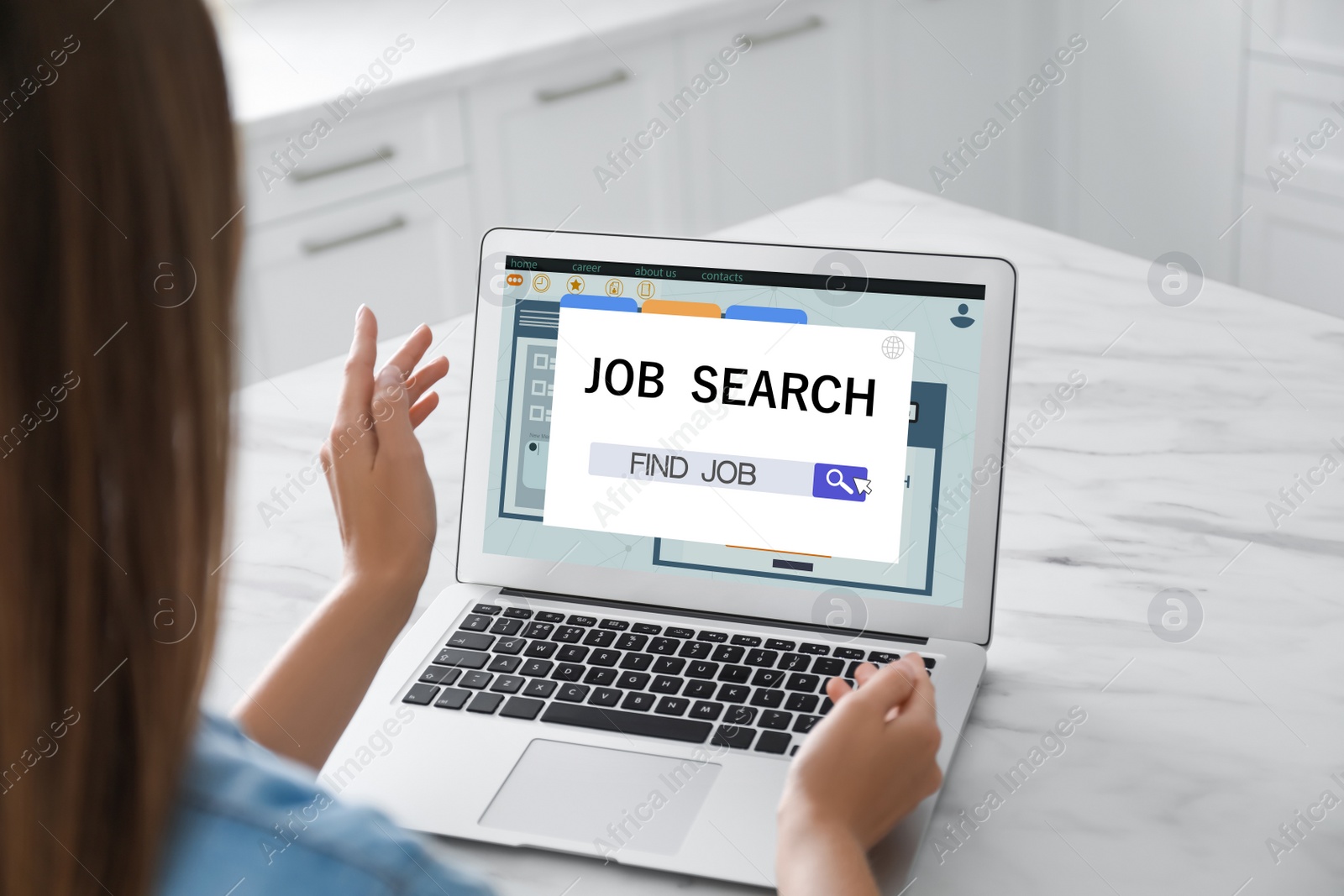 Image of Woman working with modern laptop at white marble table indoors, closeup. Job search