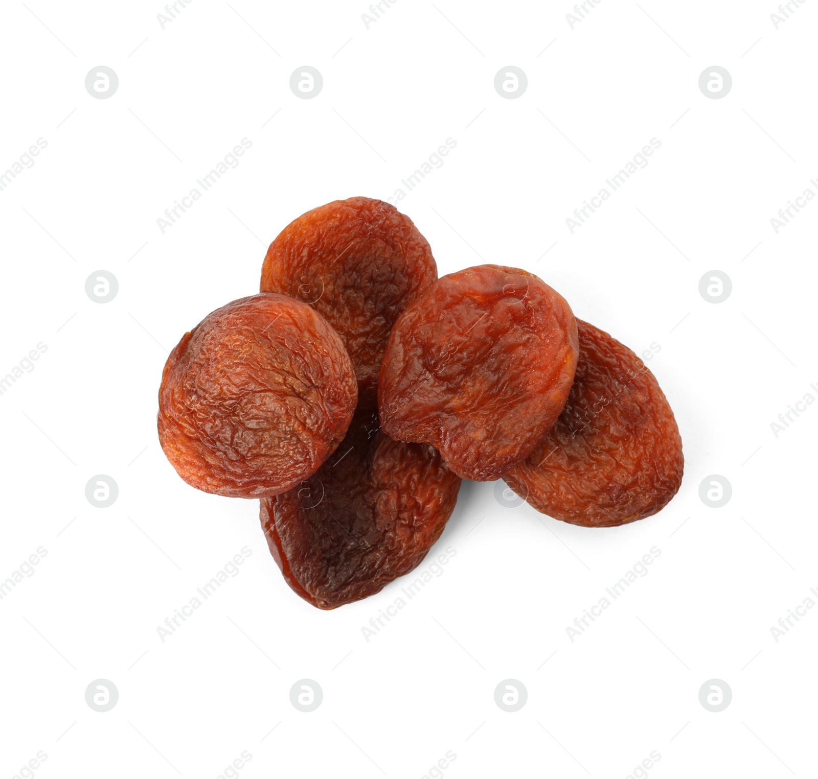 Photo of Tasty dried apricots on white background, top view