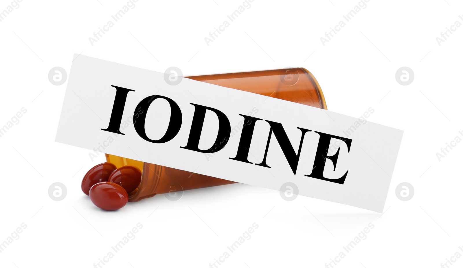 Photo of Card with word Iodine and jar with pills isolated on white