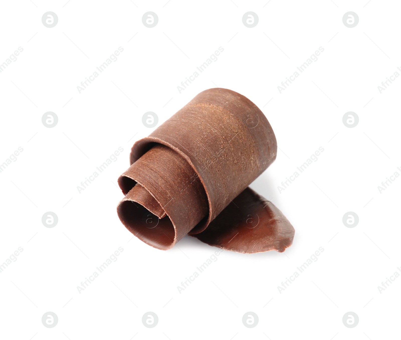 Photo of Yummy chocolate curl for decor on white background