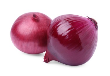 Photo of Two fresh red onions on white background
