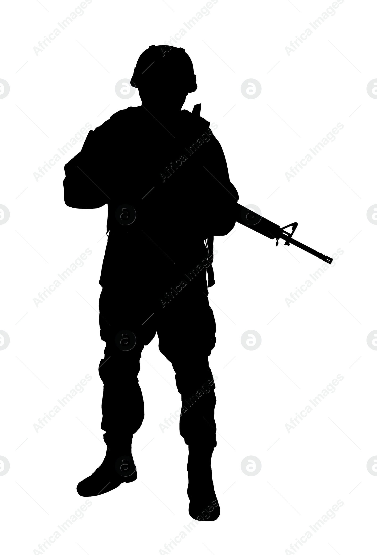 Image of Silhouette of soldier with assault rifle on white background. Military service