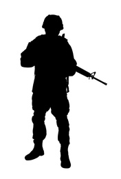 Silhouette of soldier with assault rifle on white background. Military service