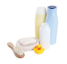 Photo of Baby cosmetic products, bath duck and brush isolated on white