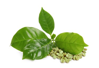 Photo of Green coffee beans and fresh leaves on white background