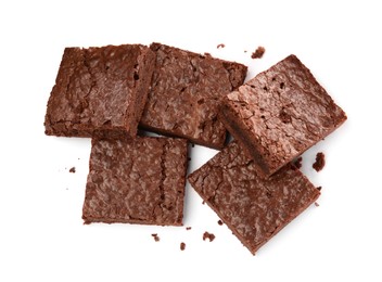 Photo of Delicious chocolate brownies on white background, top view