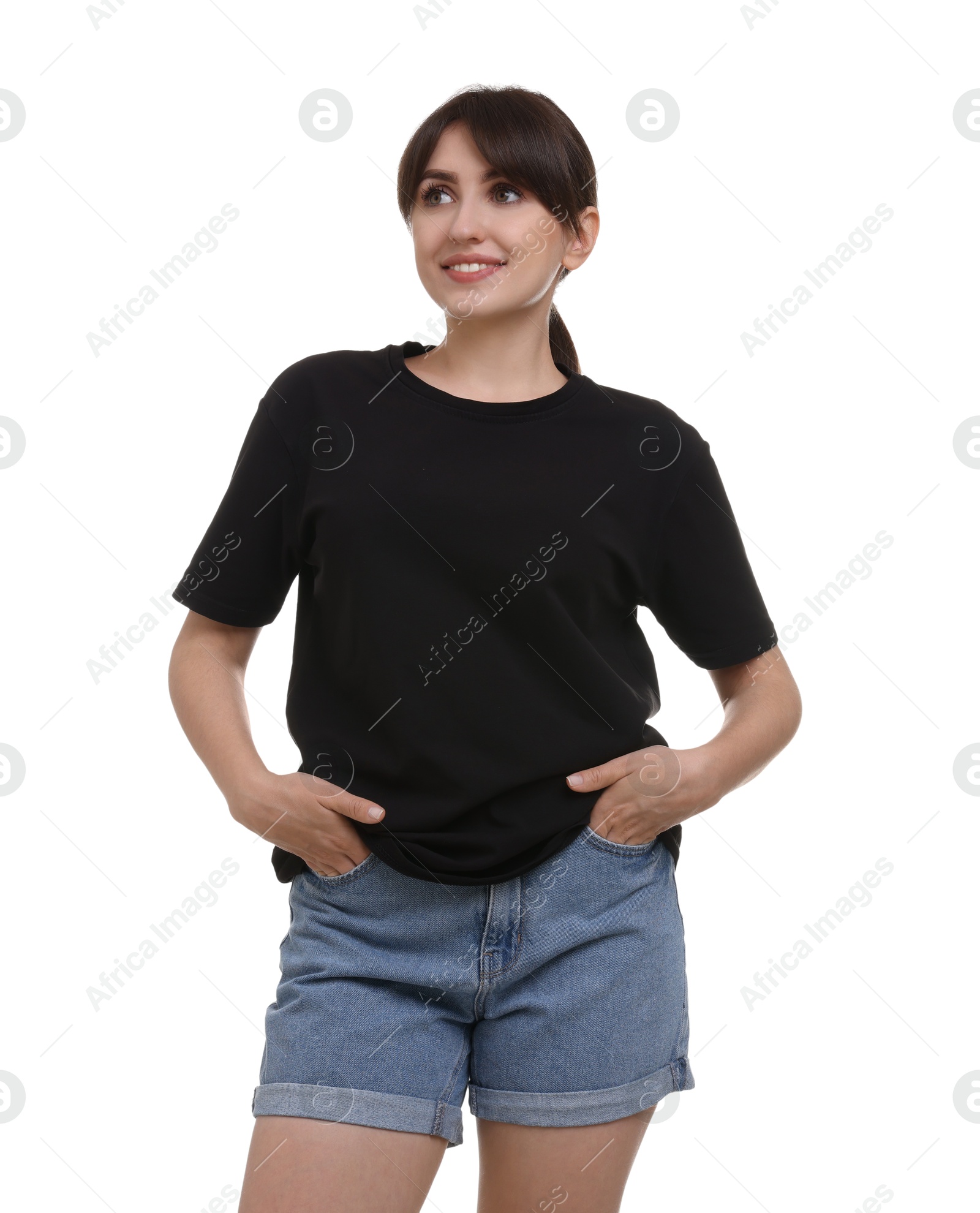 Photo of Smiling woman in stylish black t-shirt on white background