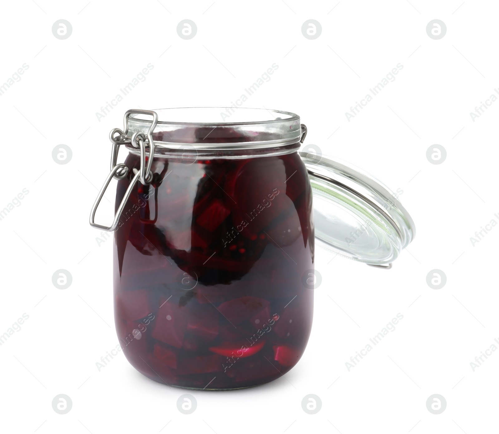 Photo of Pickled beets in glass jar isolated on white