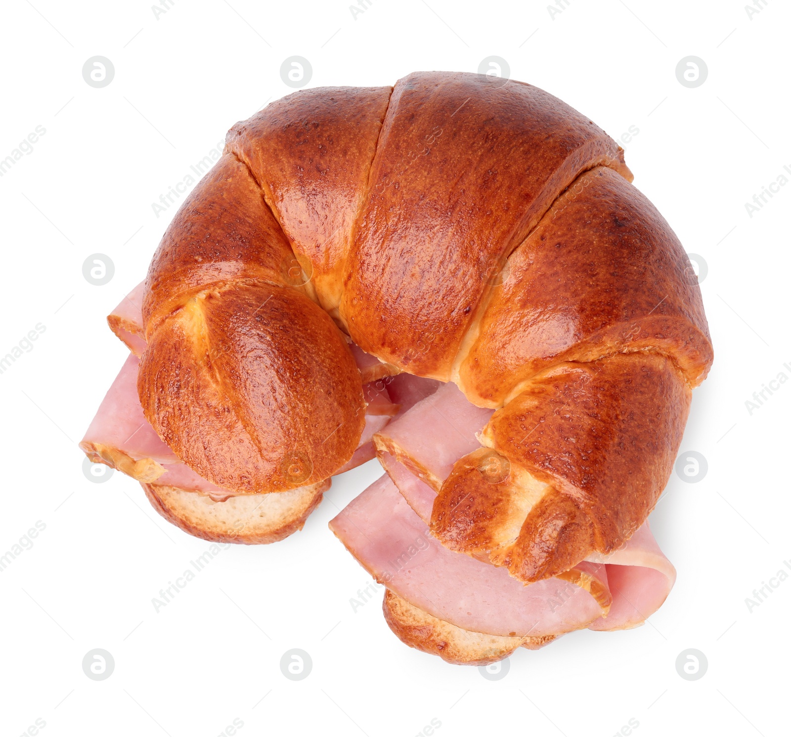 Photo of Tasty crescent roll with ham isolated on white, top view