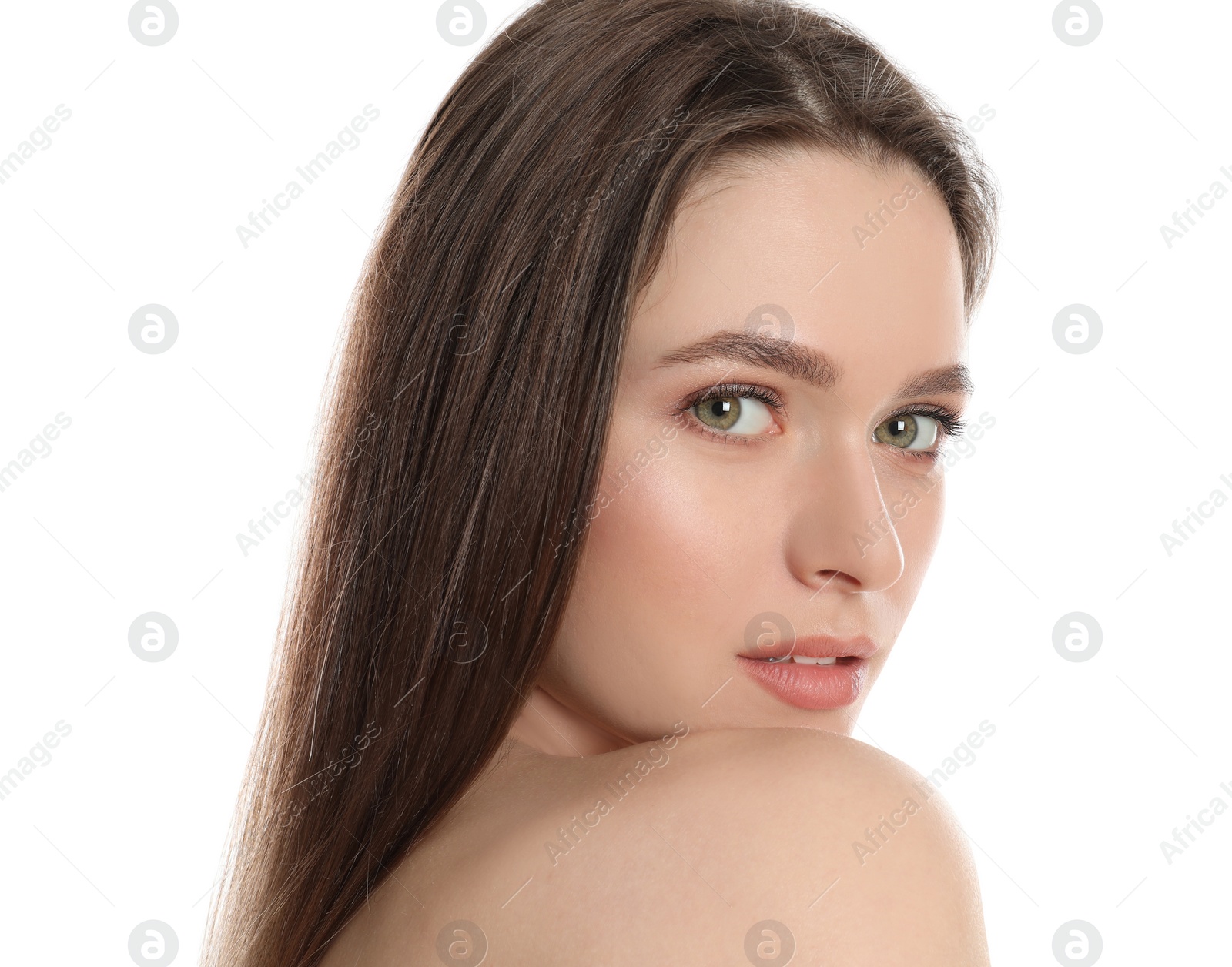 Photo of Portrait of young woman with beautiful face on white background