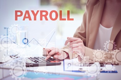 Payroll. Woman using calculator at table, closeup. Illustrations of graph and icons