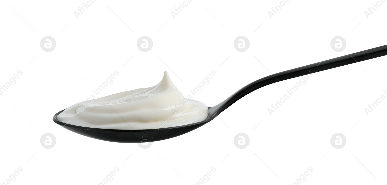 Photo of One black spoon with mayonnaise isolated on white