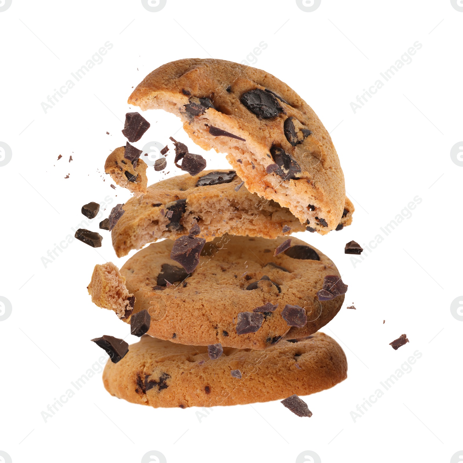 Image of Tasty chocolate chip cookies falling on white background