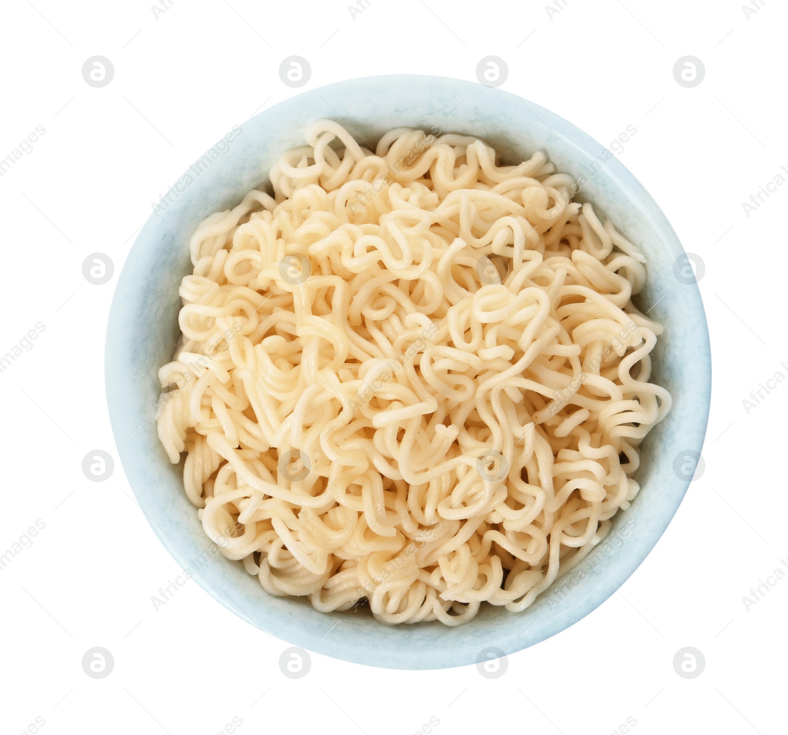 Photo of Tasty instant noodles in bowl isolated on white, top view