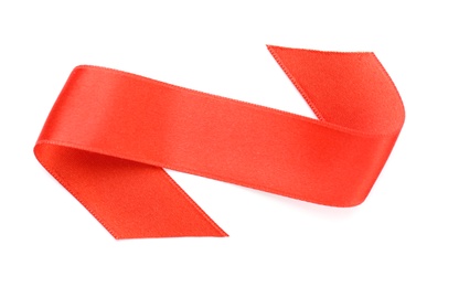 Photo of Simple red ribbon on white background, top view