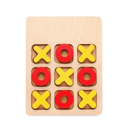Photo of Wooden tic-tac-toe set on white background, top view