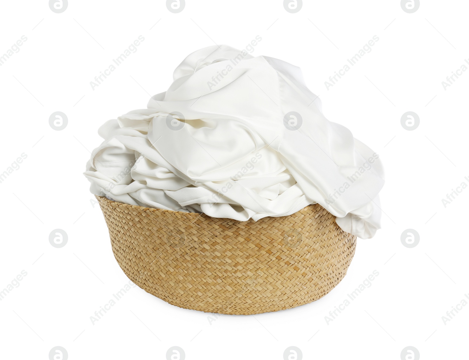 Laundry basket with clothes isolated on white Photo of Laundry basket with clothes isolated on white