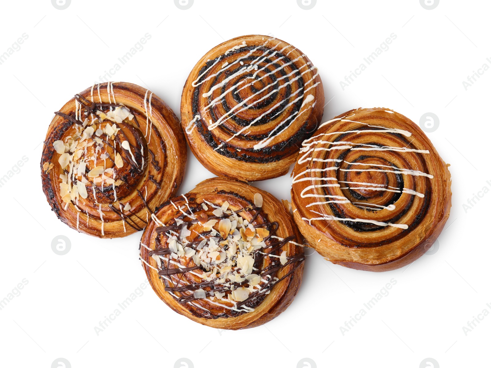 Photo of Different delicious rolls isolated on white, top view. Sweet buns