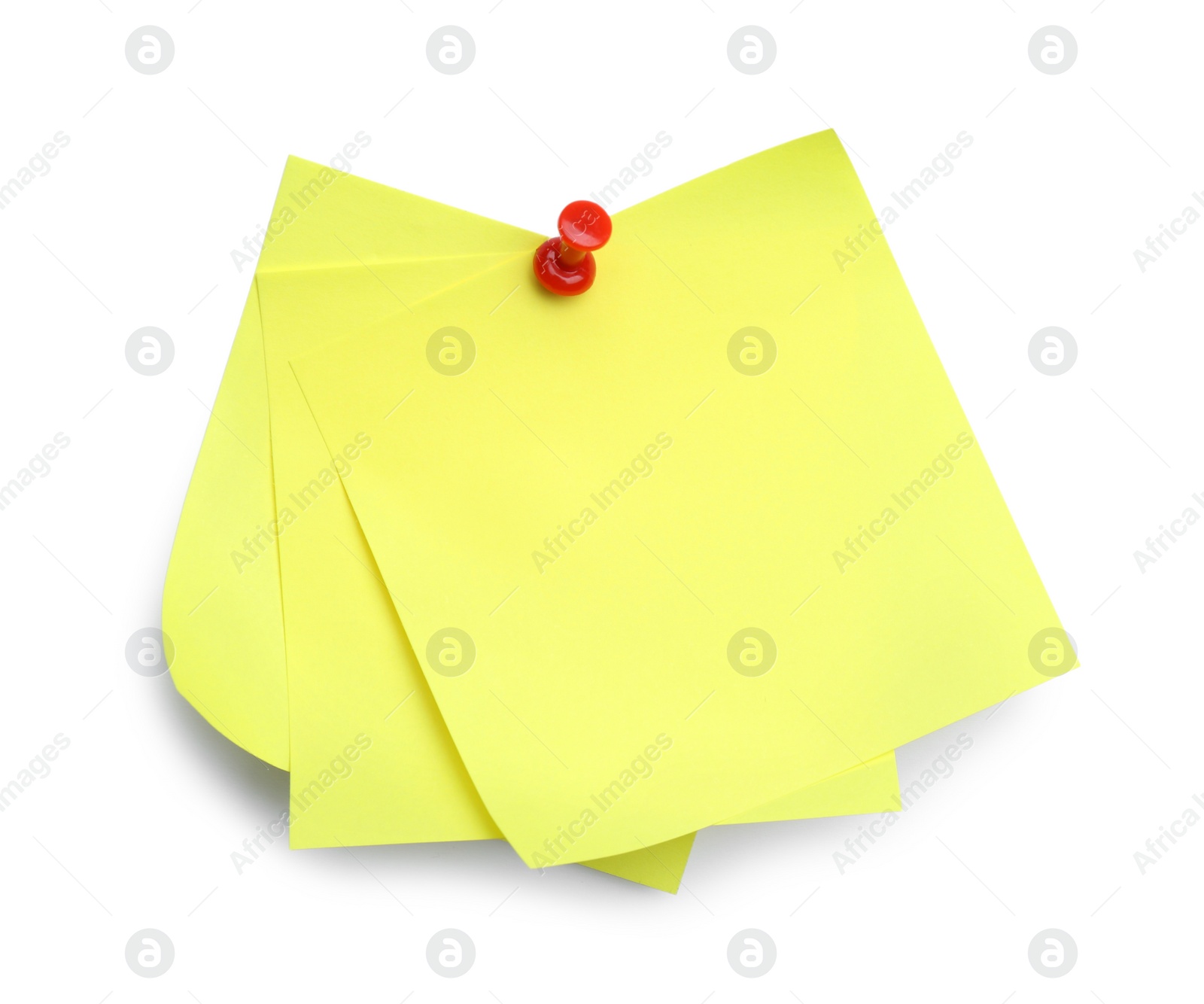 Photo of Blank yellow notes pinned on white background, top view