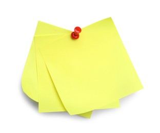Photo of Blank yellow notes pinned on white background, top view