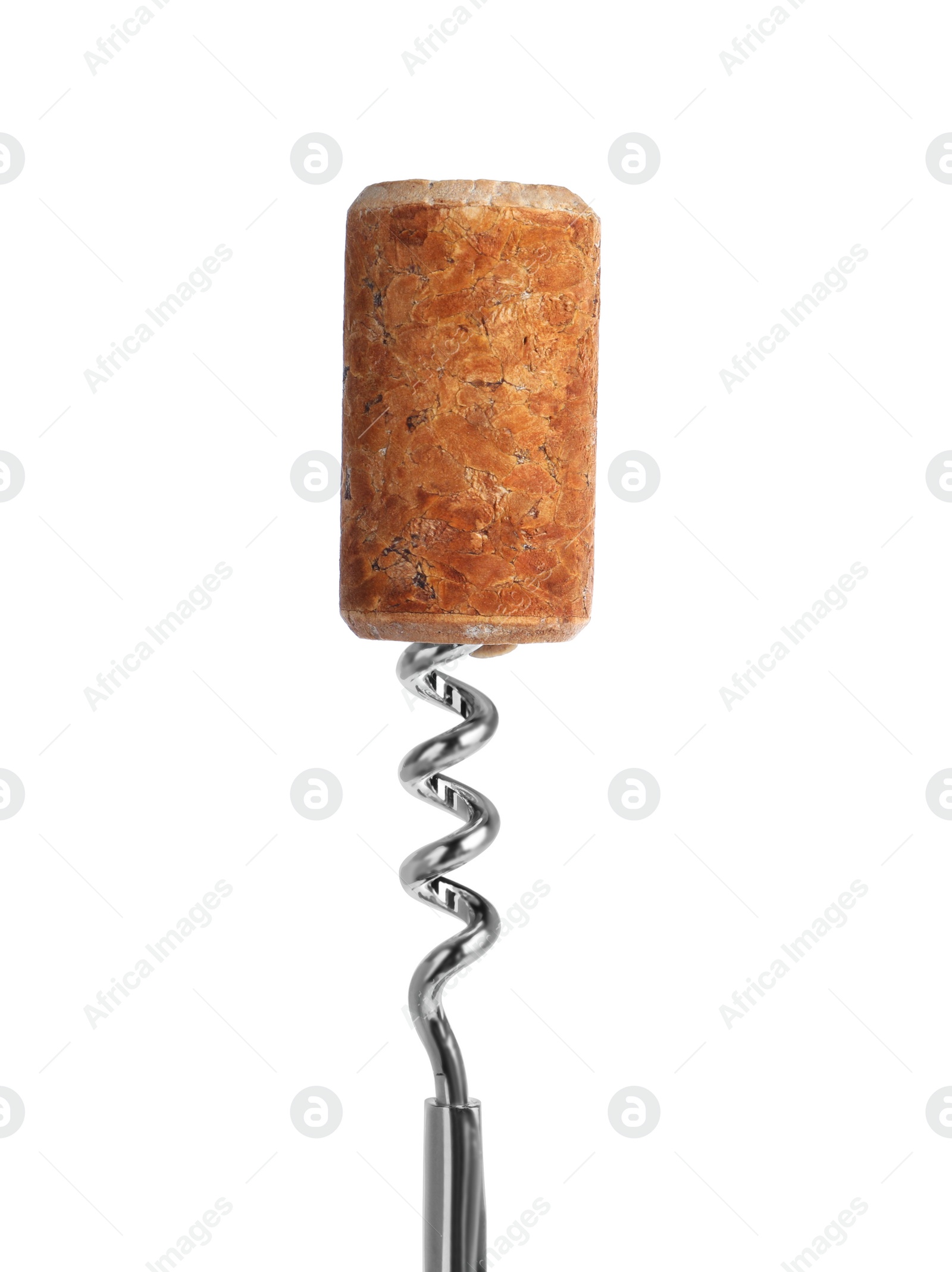 Photo of Corkscrew with wine cork on isolated background. Domestic tool