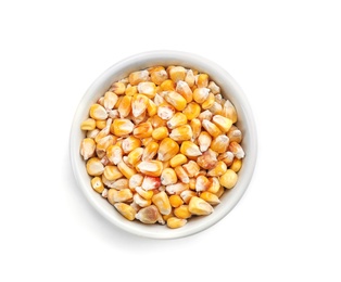 Photo of Bowl with corn kernels on white background, top view