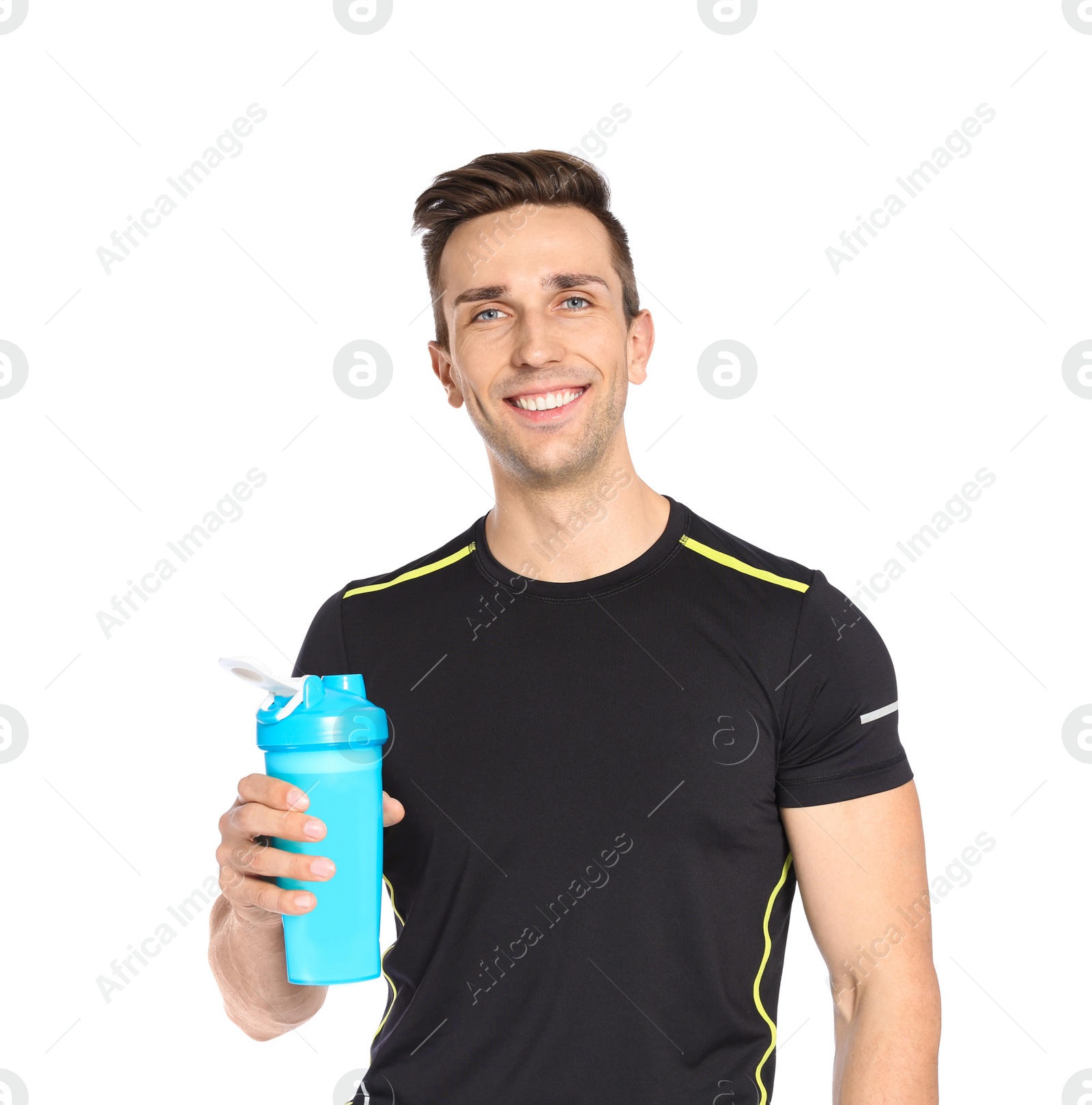 Photo of Portrait of man with bottle of protein shake on white background
