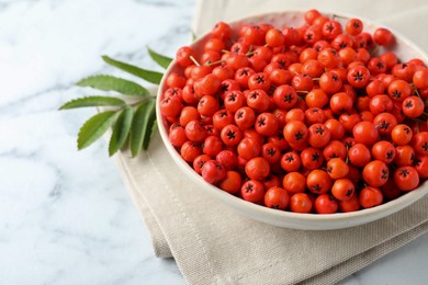 Fresh ripe rowan berries in bowl on white marble table