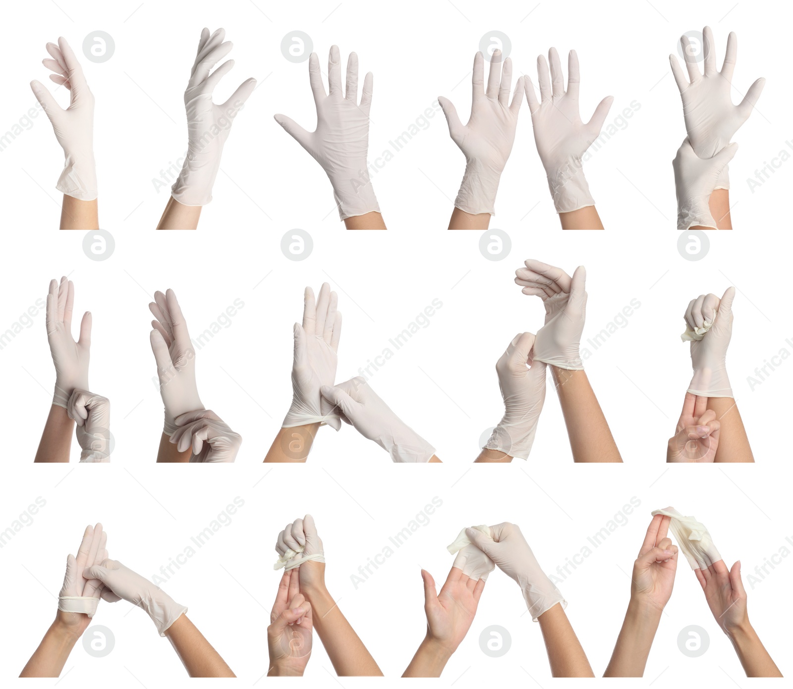 Image of Right way to take off medical gloves. Collage with photos of woman showing process on white background, closeup