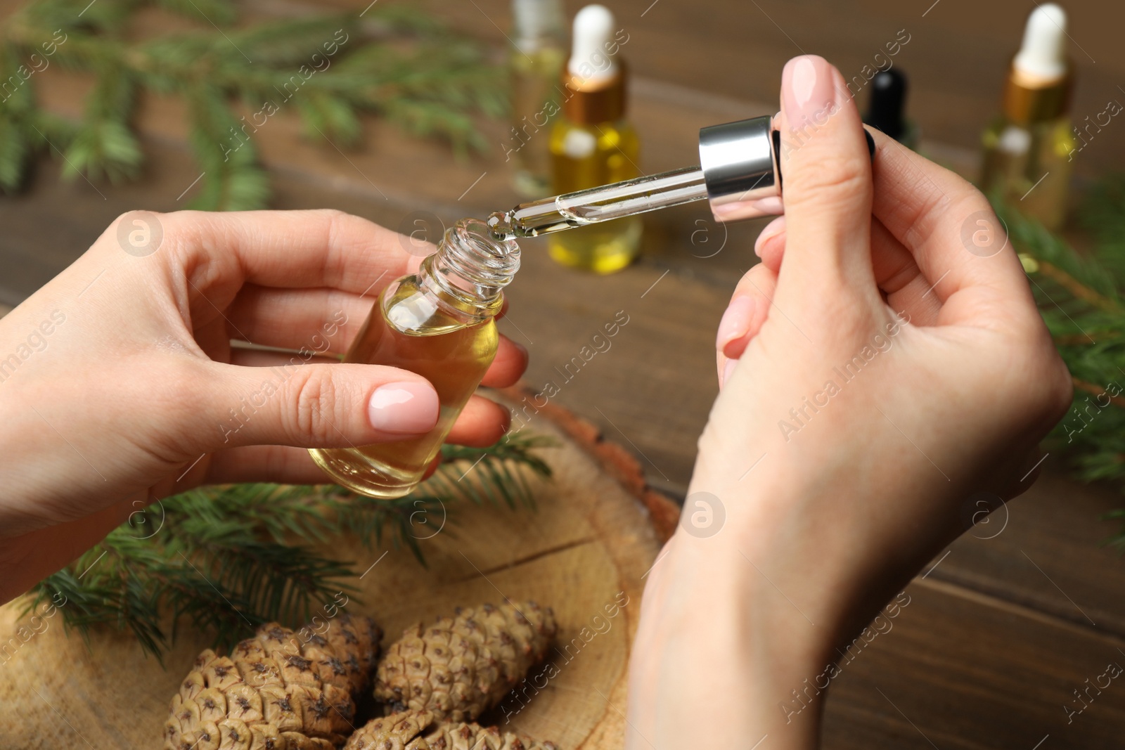 Photo of Woman holding pipette with pine essential oil over bottle at wooden table, closeup