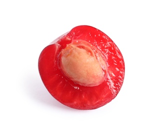 Photo of Half of delicious ripe sweet cherry on white background